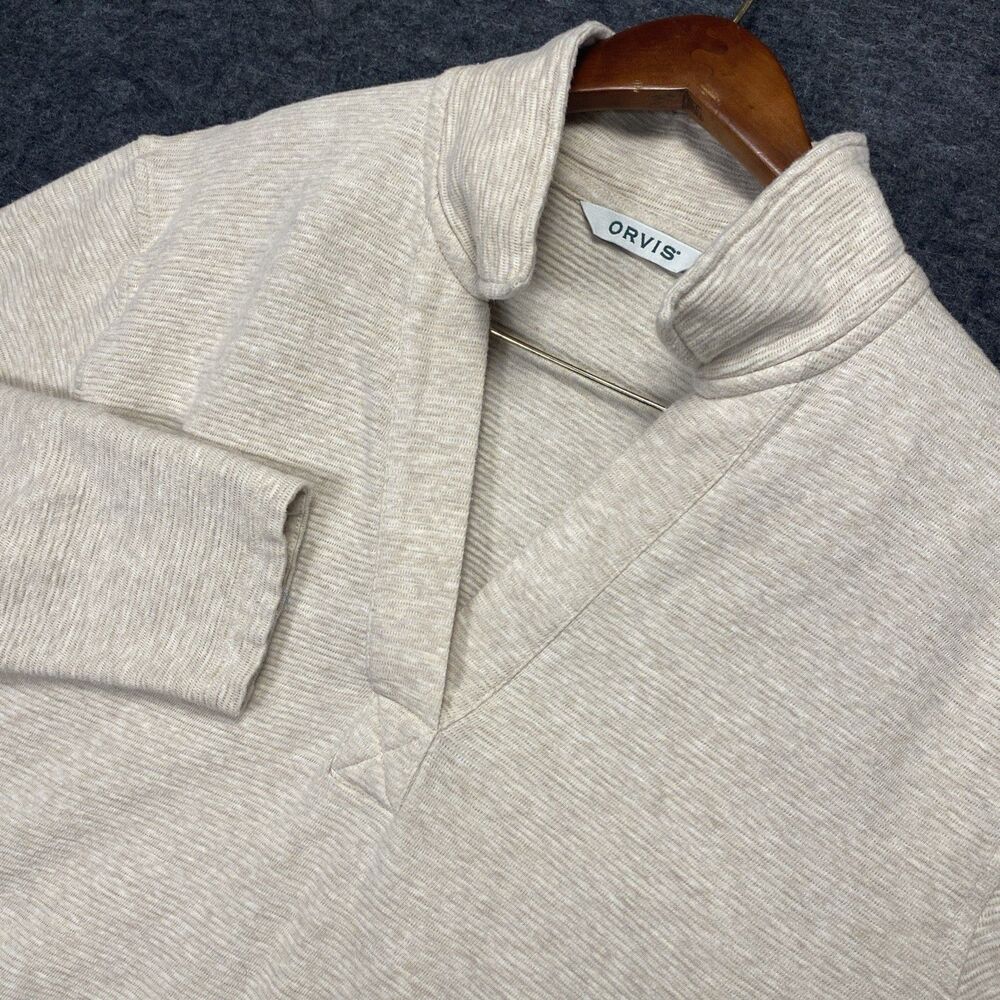 Orvis Women’s V-Neck Long Sleeve Henley Pullover Sweatshirt Beige Pockets Cotton